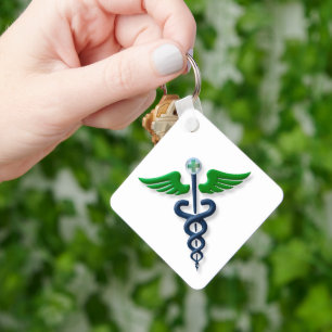 Blue Medical Stylish Caduceus Green Wings Cross Schlüsselanhänger