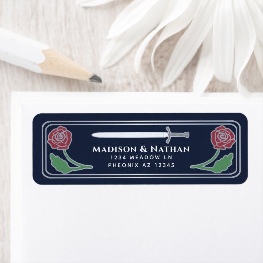 Blue Medieval Fantasy Silver Sword Wedding Label (Insitu)
