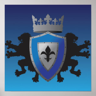Blue Medieval Lion Heraldry Poster