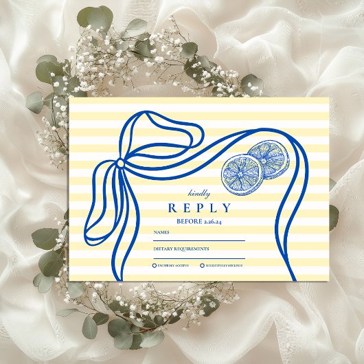 Blue Mediteranean Bow Citrus Stripe Hochzeit RSVP Karte