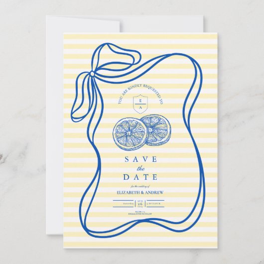Blue Mediteranean Bow Citrus Stripe Hochzeit Save The Date (Vorderseite)