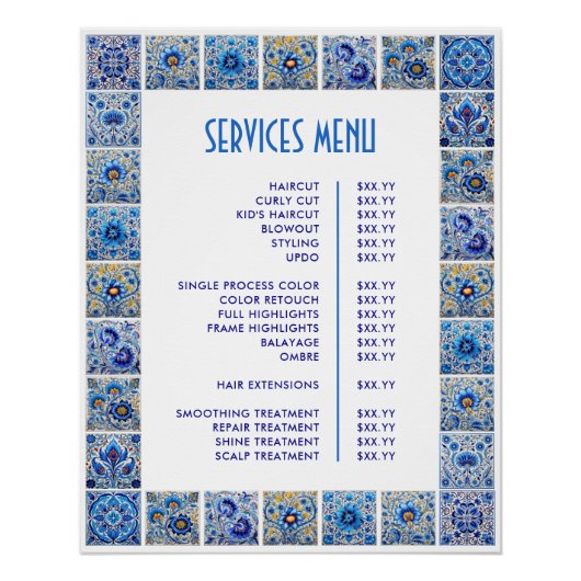 Blue Mediterrane Fliesen Rahmenpreisliste Poster (Vorderseite)