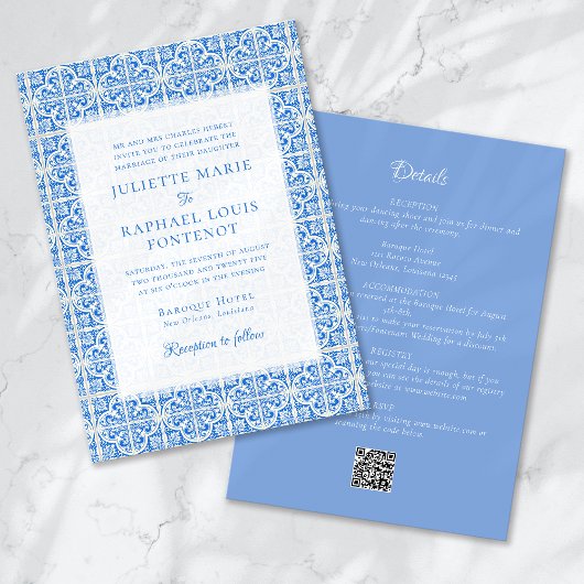 Blue Mediterrane Tile in einer Hochzeit Einladung