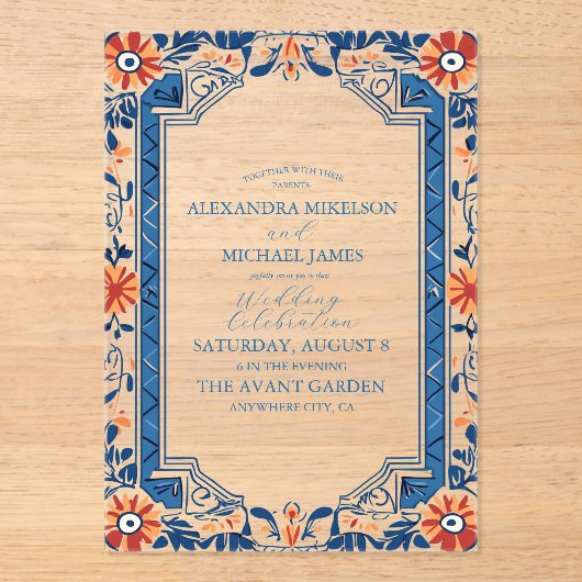 Blue Mediterranea Tile & Lemon Wedding Acryleinladungen (Vorderseite)