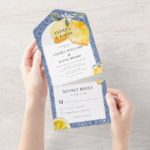 Blue Mediterranea Tile & Lemon Wedding All In One Einladung (Abreißen)