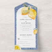 Blue Mediterranea Tile & Lemon Wedding All In One Einladung (Innen Boden)