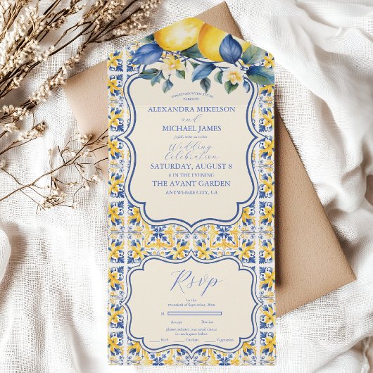 Blue Mediterranea Tile & Lemon Wedding All In One Einladung