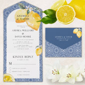 Blue Mediterranea Tile & Lemon Wedding All In One Einladung