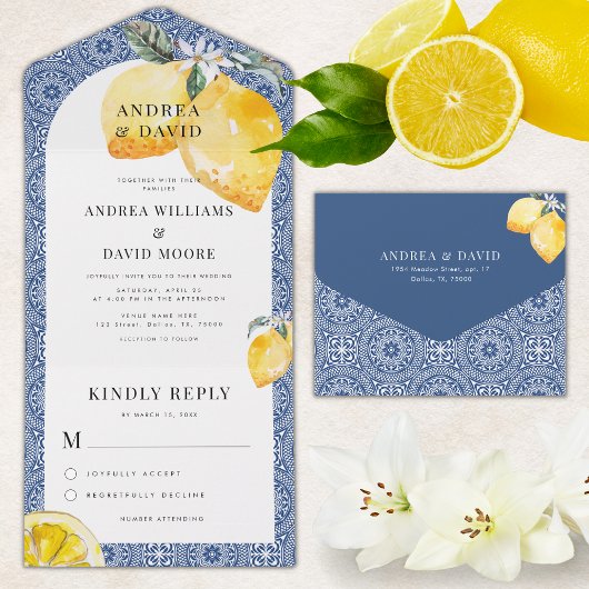 Blue Mediterranea Tile & Lemon Wedding All In One Einladung
