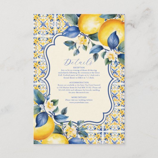 Blue Mediterranea Tile & Lemon Wedding Begleitkarte (Vorderseite)