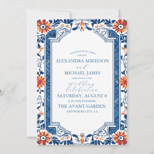 Blue Mediterranea Tile & Lemon Wedding Einladung (Vorderseite)