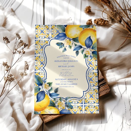 Blue Mediterranea Tile & Lemon Wedding Einladung