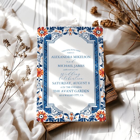 Blue Mediterranea Tile & Lemon Wedding Einladung