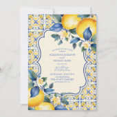 Blue Mediterranea Tile & Lemon Wedding Einladung (Vorderseite)