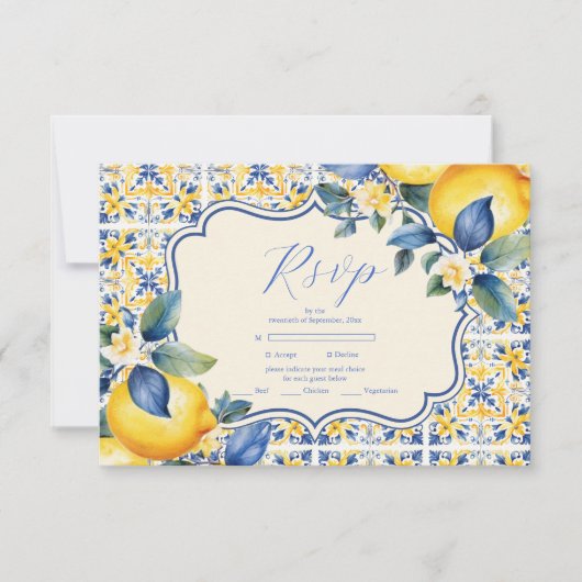 Blue Mediterranea Tile & Lemon Wedding RSVP Karte (Vorderseite)