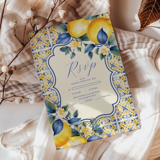 Blue Mediterranea Tile & Lemon Wedding RSVP Karte