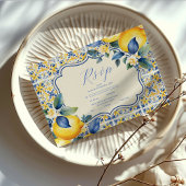 Blue Mediterranea Tile & Lemon Wedding RSVP Karte