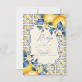 Blue Mediterranea Tile & Lemon Wedding RSVP Karte (Vorderseite)