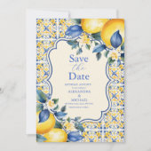 Blue Mediterranea Tile & Lemon Wedding Save The Date (Vorderseite)