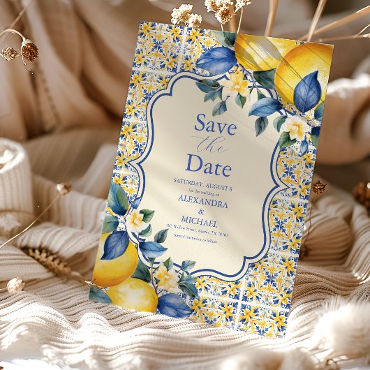 Blue Mediterranea Tile & Lemon Wedding Save The Date