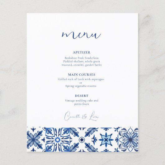 Blue Mediterranean citrus wedding menu (Vorderseite)