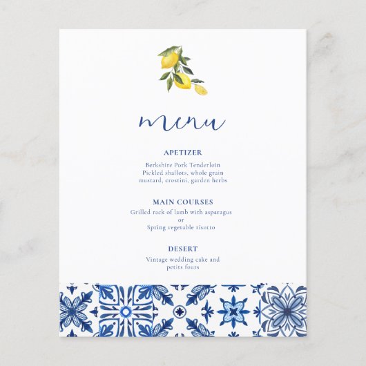 Blue Mediterranean citrus wedding menu (Vorderseite)
