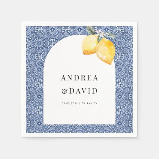 Blue Mediterranean Italian Tile Lemon Wedding Serviette (Vorderseite)