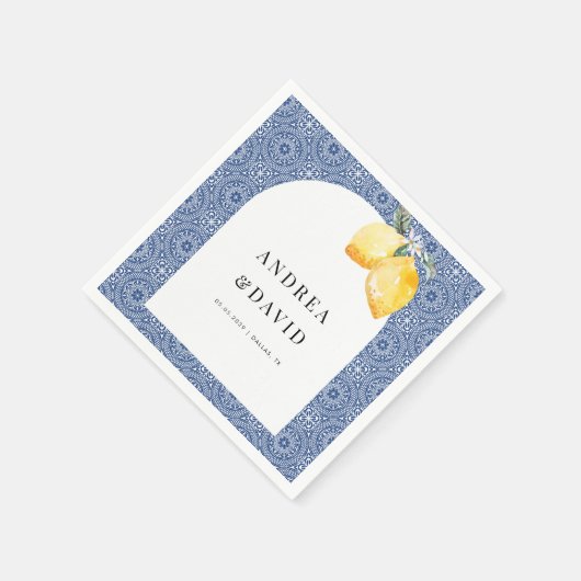 Blue Mediterranean Italian Tile Lemon Wedding Serviette (Ecke)