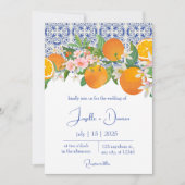 Blue Mediterranean Italian Tile & Orange Wedding Einladung (Vorderseite)