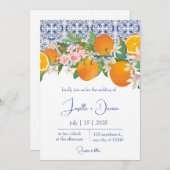 Blue Mediterranean Italian Tile & Orange Wedding Einladung (Vorne/Hinten)