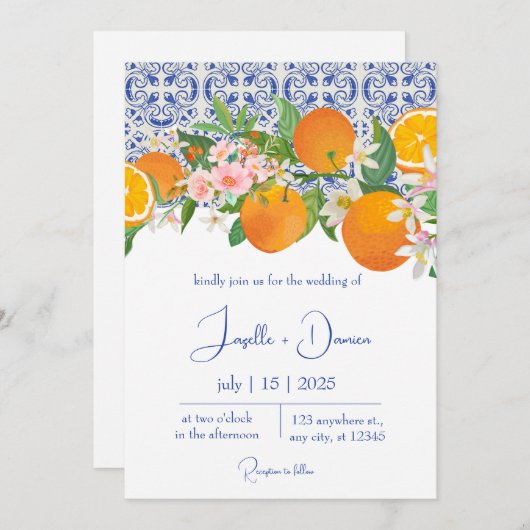 Blue Mediterranean Italian Tile & Orange Wedding Einladung (Vorne/Hinten)