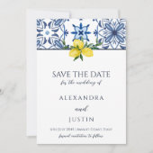 Blue Mediterranean Italian Wedding Save the Date Einladung (Vorderseite)