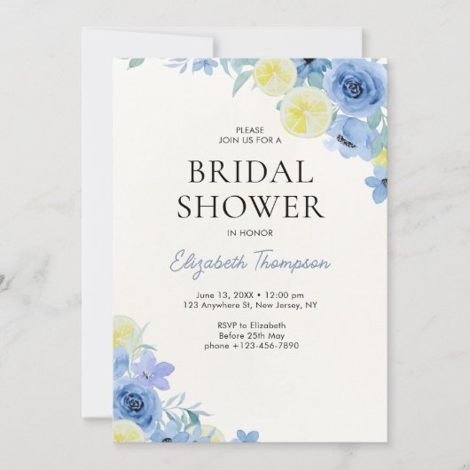 Blue Mediterranean Lemon Bridal shower Einladung (Vorderseite)