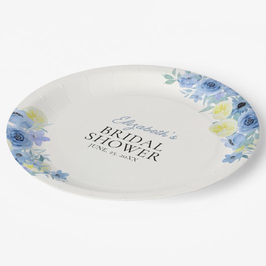 Blue Mediterranean Lemon Bridal shower Pappteller (Schrägansicht)