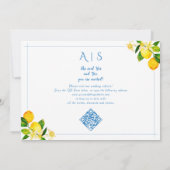 Blue Mediterranean Lemon Drei Foto Hochzeit Save The Date (Rückseite)