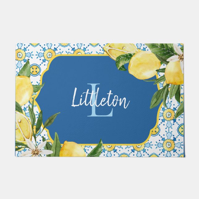 Blue Mediterranean Lemon Monogram Custom New Zuhau Fußmatte (Vorderseite)