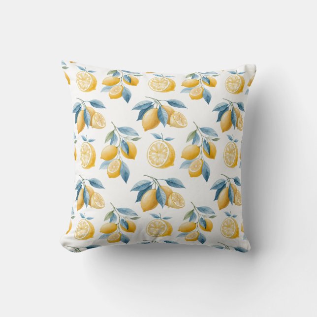Blue Mediterranean Lemon Pattern Throw Pillow Kissen (Vorderseite)