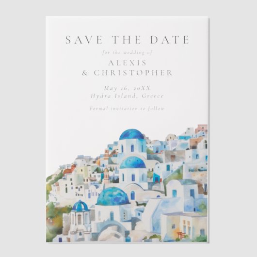 Blue Mediterranean Skyline Wedding Save the Date Pergament Einladungen (Vorderseite)