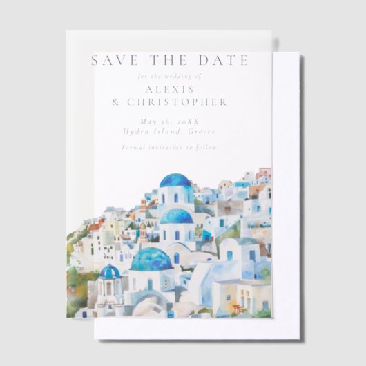 Blue Mediterranean Skyline Wedding Save the Date Pergament Einladungen (Versetzt)