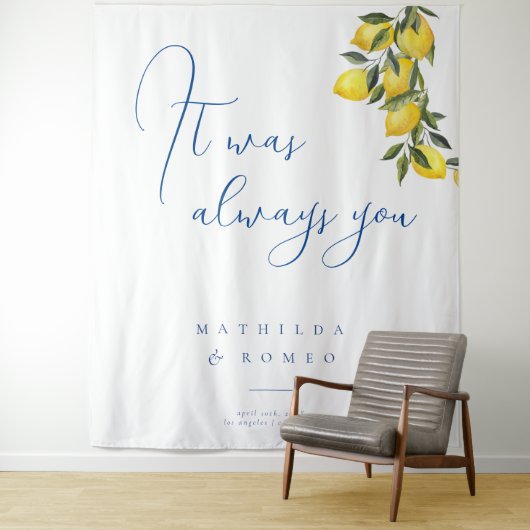 Blue Mediterranean Tile & Citrus Hochzeitstorts Wandteppich (Beispiel)