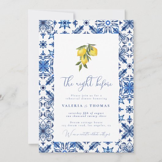 Blue Mediterranean Tile & Citrus Wedding Probe Einladung (Vorderseite)