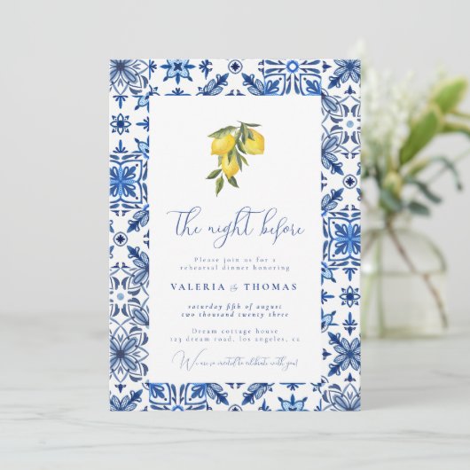 Blue Mediterranean Tile & Citrus Wedding Probe Einladung (Stehend Vorderseite)