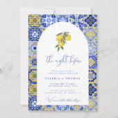 Blue Mediterranean Tile & Citrus Wedding Probe Einladung (Vorderseite)