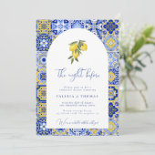 Blue Mediterranean Tile & Citrus Wedding Probe Einladung (Stehend Vorderseite)