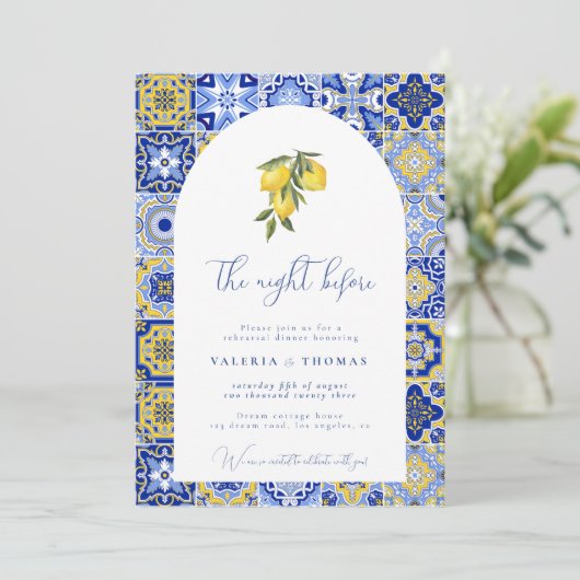 Blue Mediterranean Tile & Citrus Wedding Probe Einladung (Stehend Vorderseite)