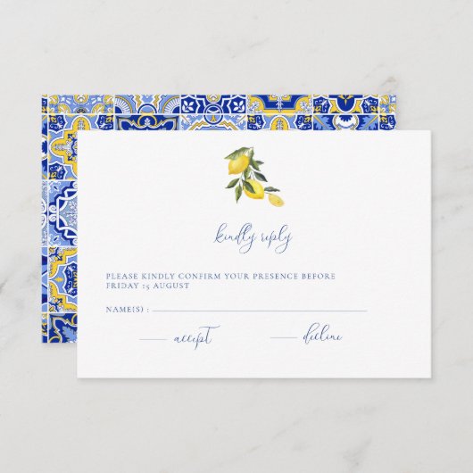 Blue Mediterranean Tile & Citrus Wedding RSVP Kart (Vorne/Hinten)