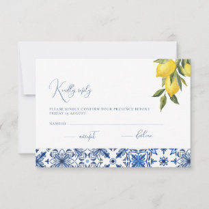 Blue Mediterranean Tile & Citrus Wedding RSVP Kart Karte