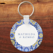Blue Mediterranean Tile & Citrus Wedding Schlüsselanhänger (Vorderseite)