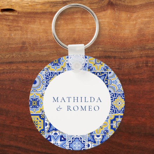 Blue Mediterranean Tile & Citrus Wedding Schlüsselanhänger (Vorderseite)