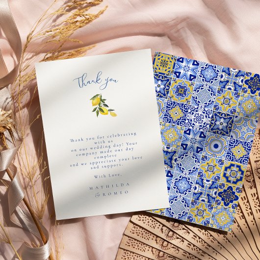 Blue Mediterranean Tile & Citrus Wedding Vielen Da Einladung